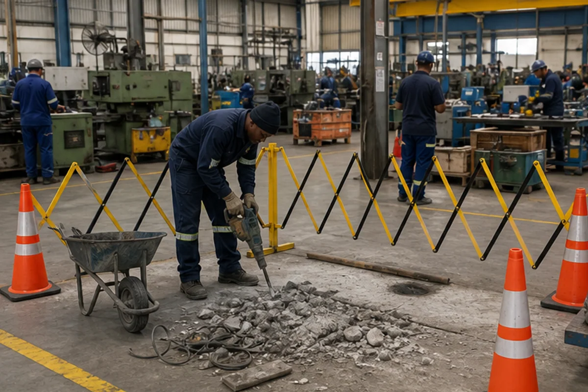 Factory floor repair area prepared behind temporary safety barriers