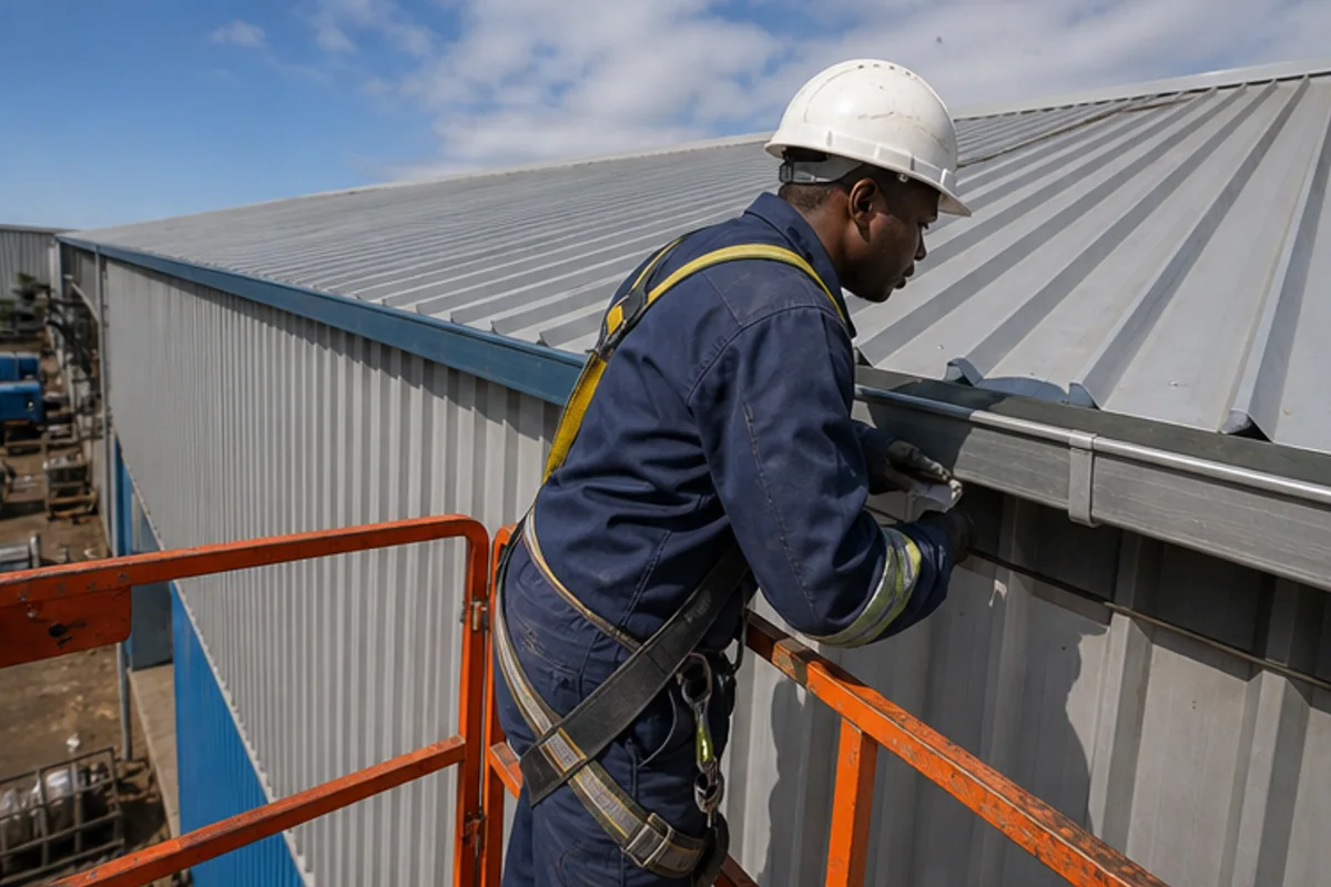 Contractor inspecting roof sheeting and gutter alignment on an industrial unit