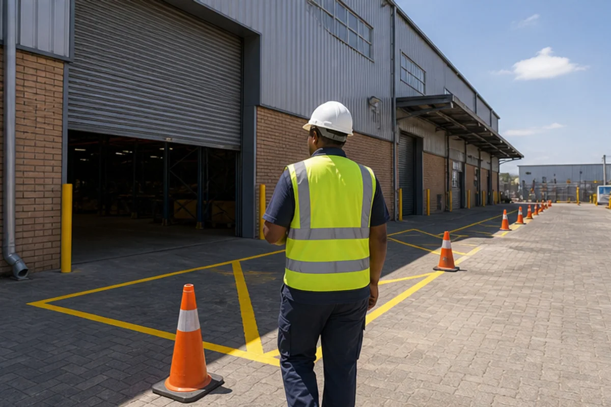 Site supervisor checking access routes beside an industrial loading door