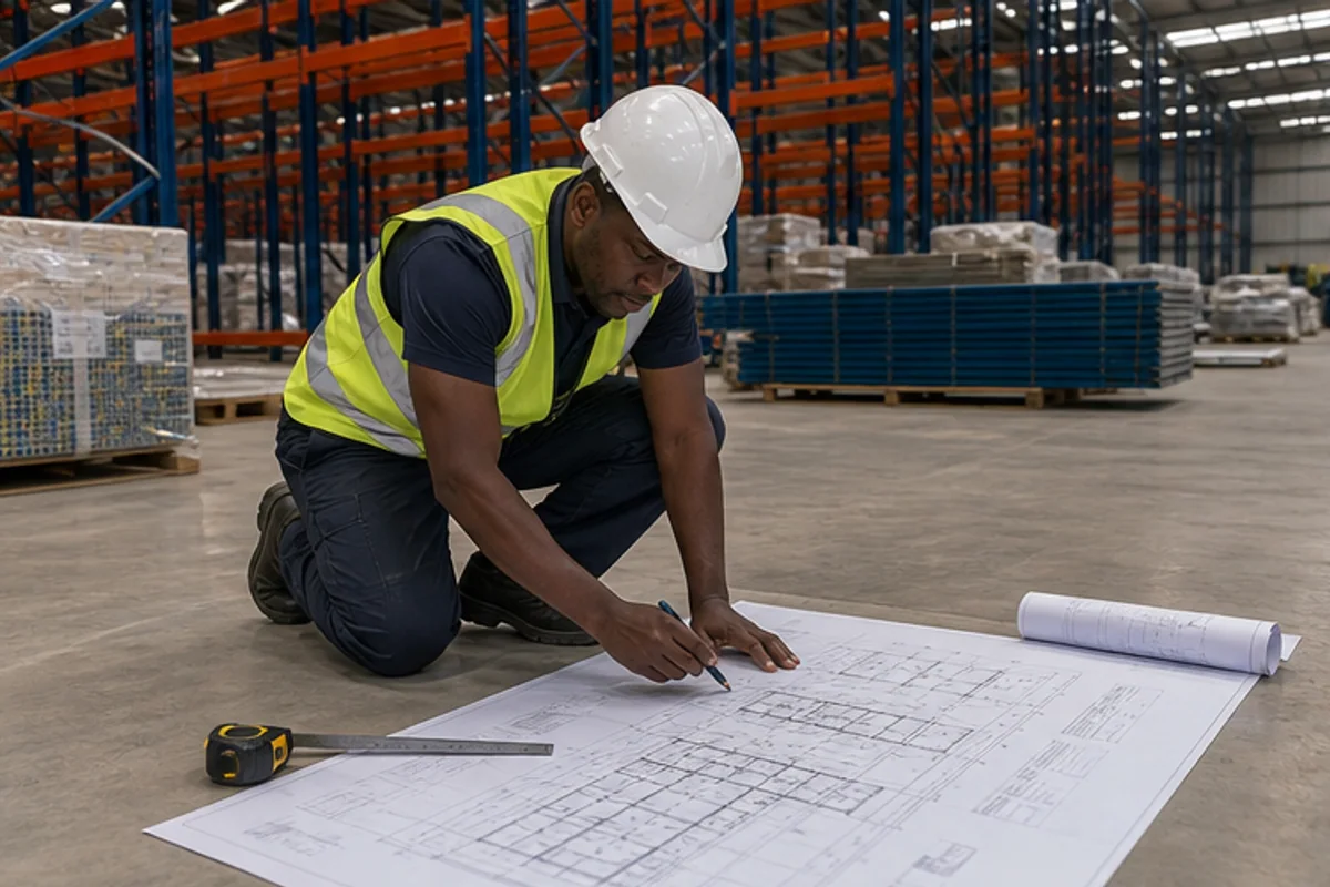 Contractor reviewing marked up plans on a warehouse slab with materials nearby