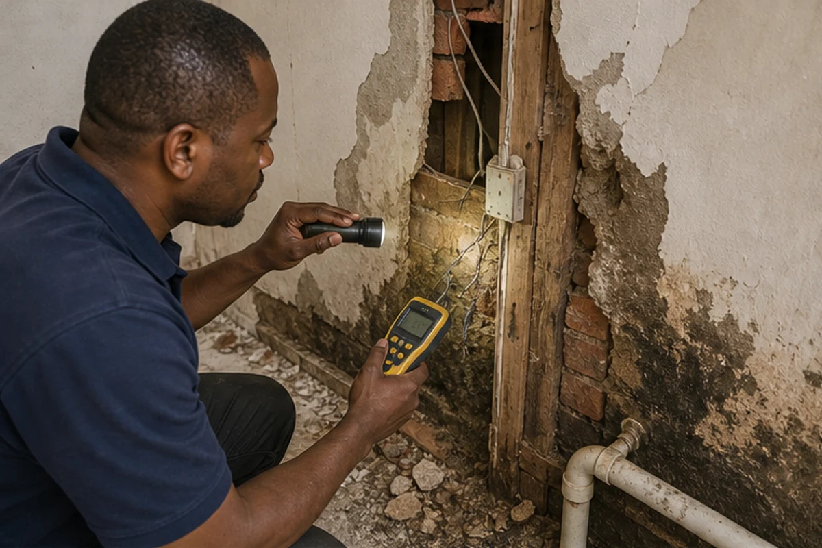 Contractor inspecting damp and old wiring inside an opened wall