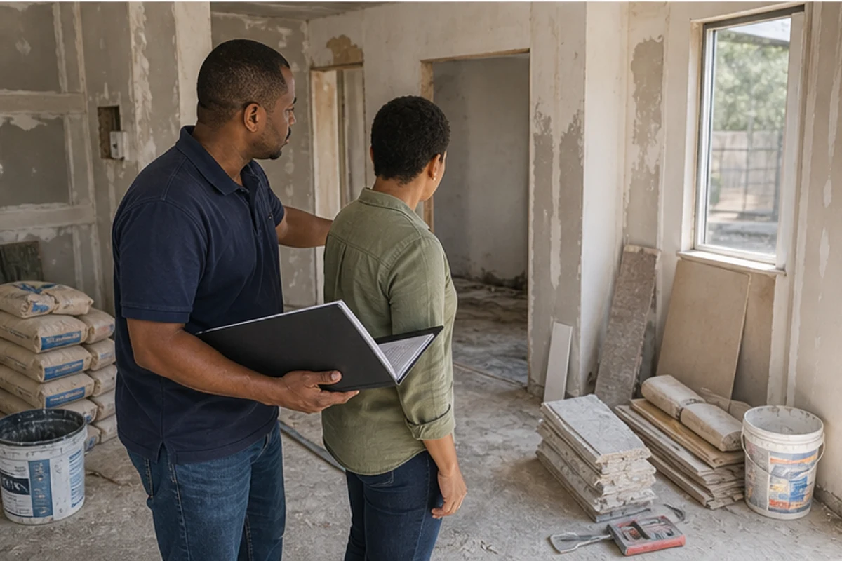 Builder and homeowner checking progress in an unfinished renovation room