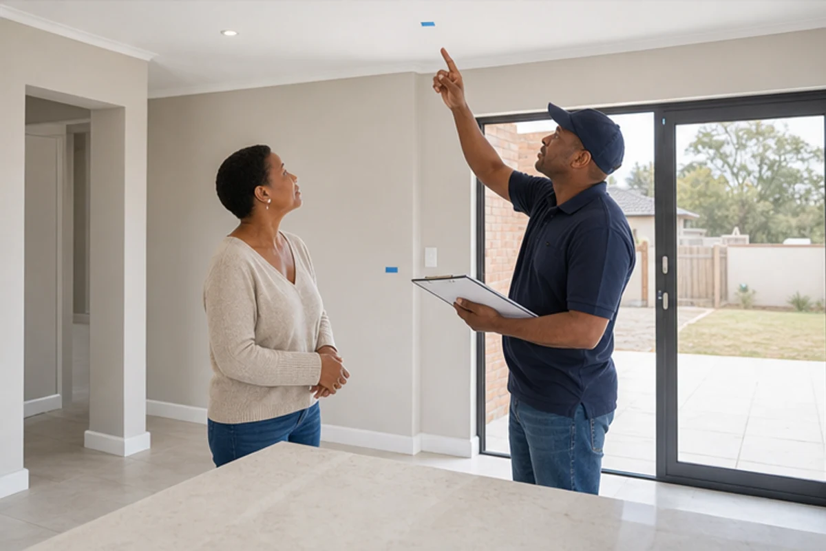 Contractor and homeowner checking a finished room during new home handover