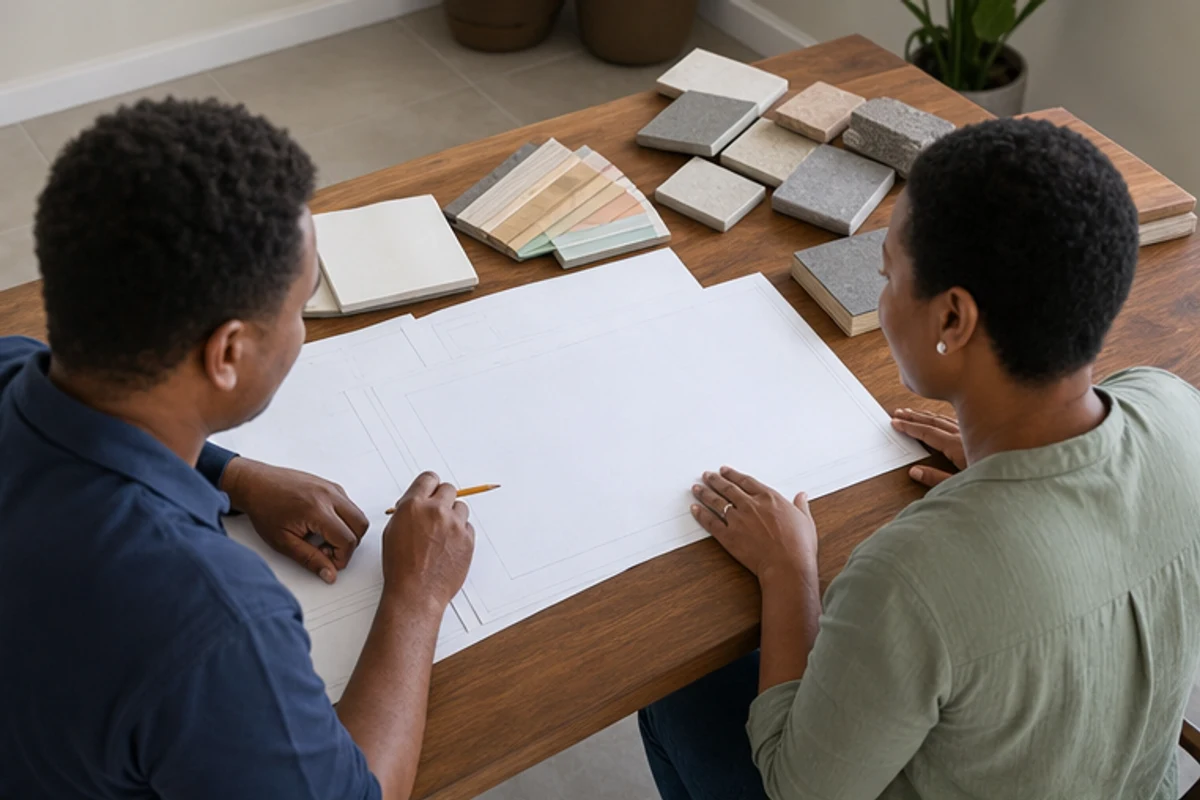 Homeowner and contractor reviewing blank plans with finish samples on a table