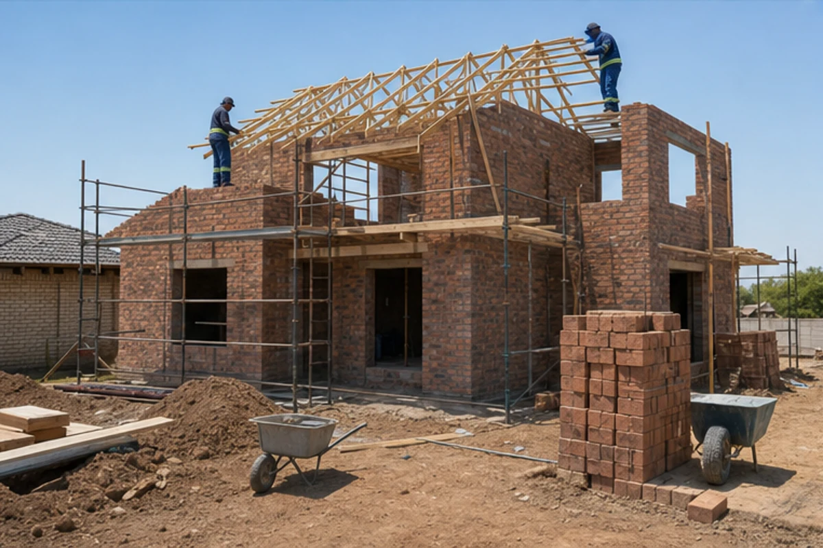 Workers installing roof trusses on a brick house shell under construction