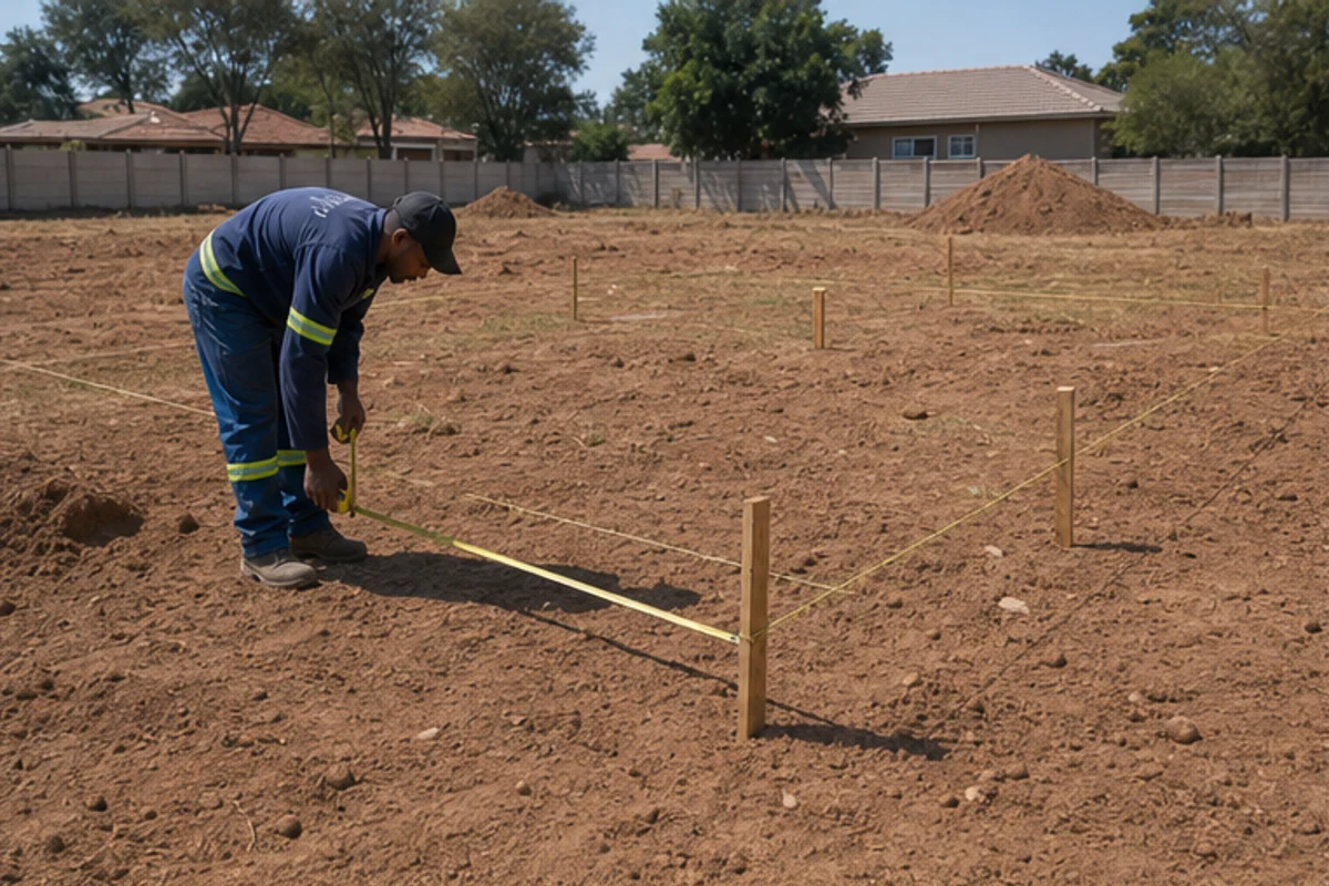 Worker measuring a pegged house footprint on a prepared residential stand