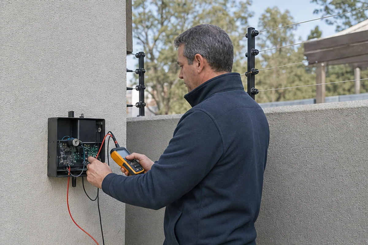 Technician testing electric fence wiring at a residential boundary wall