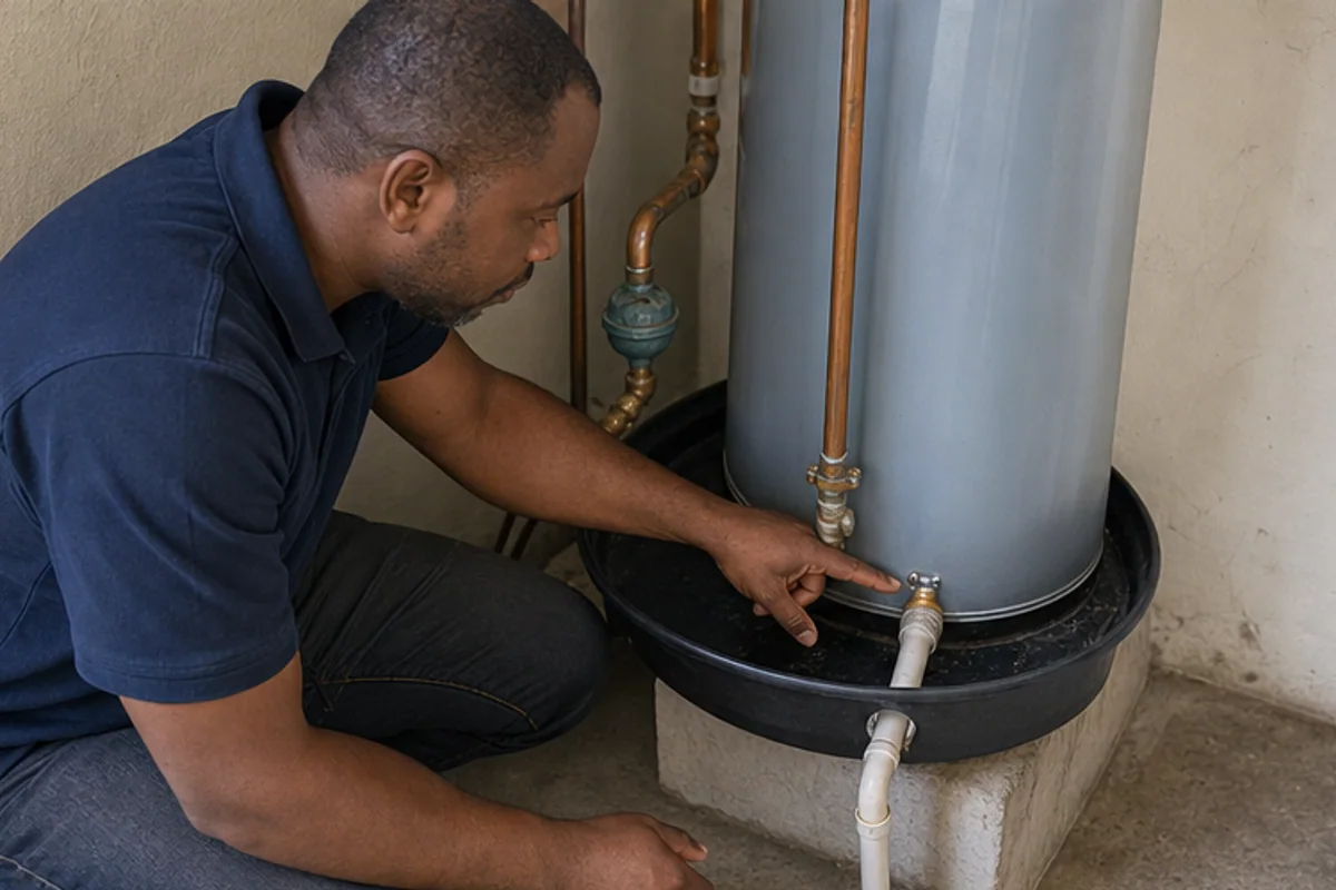 Plumber inspecting a geyser drip tray, overflow pipe and valve setup