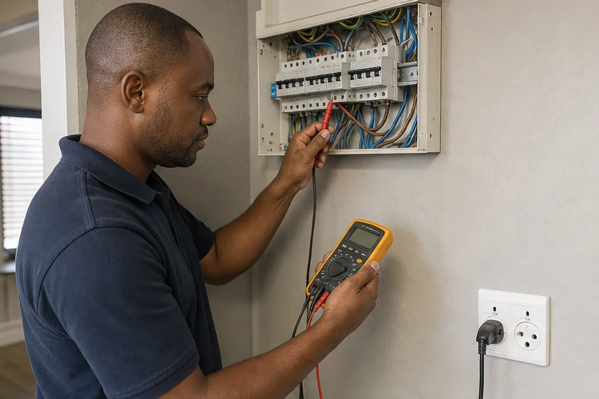 Electrician testing plug points and a distribution board for certification