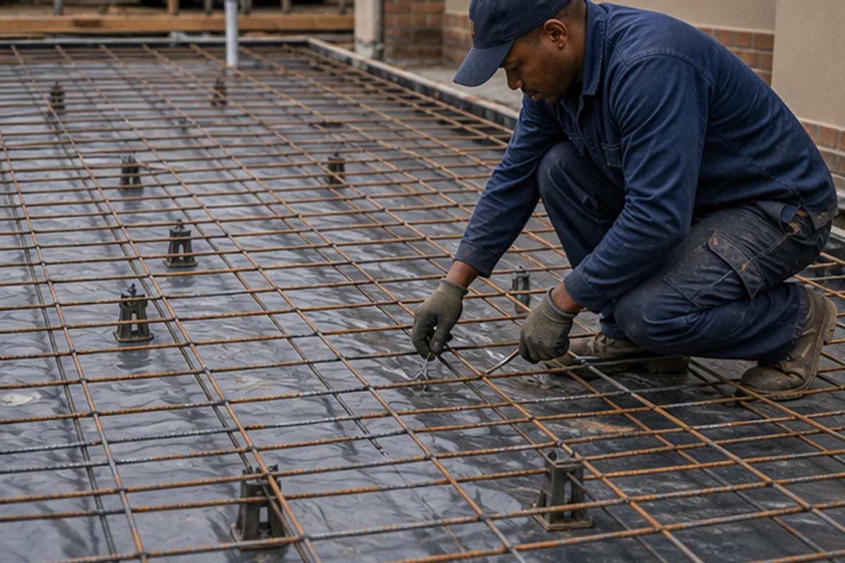 Steel reinforcement mesh and chairs being checked before a slab pour