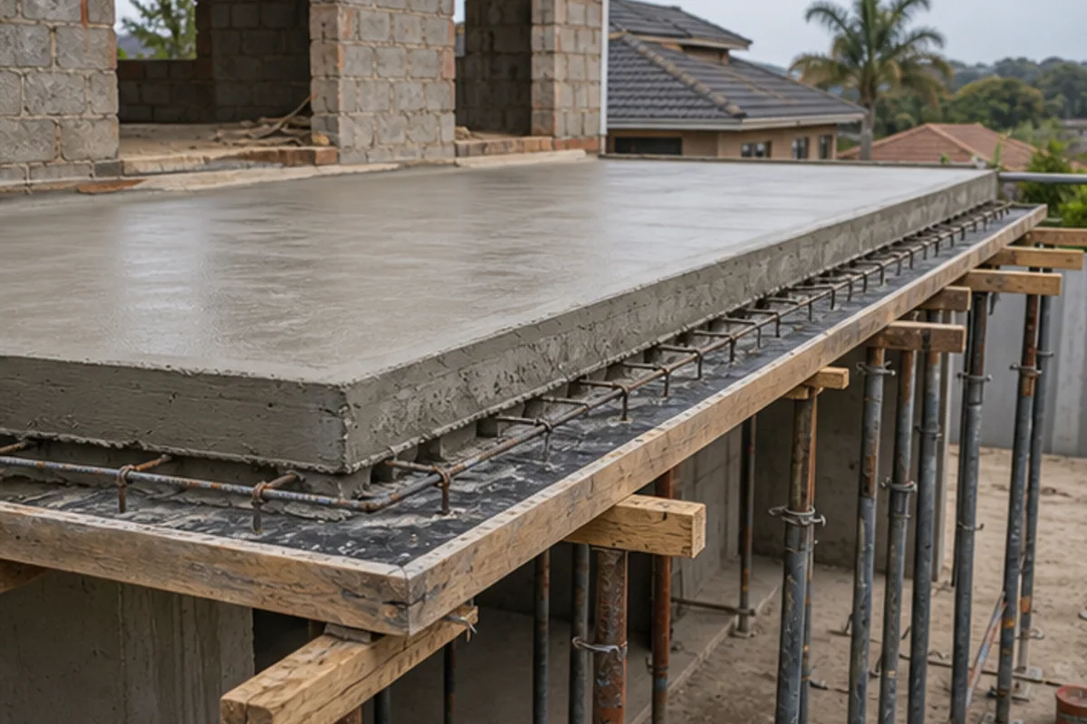Finished suspended slab edge with reinforcement detail and propping visible