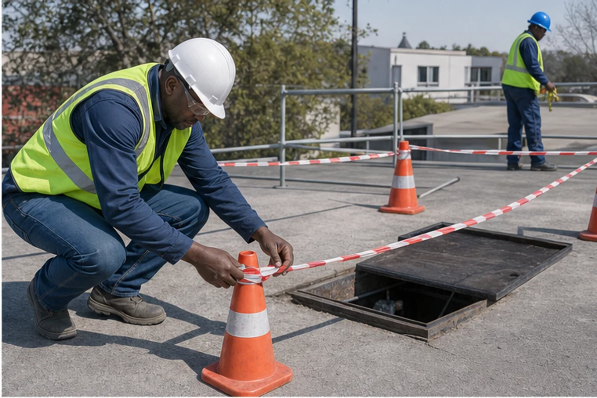 Supervisor setting cones and barrier tape around a floor opening