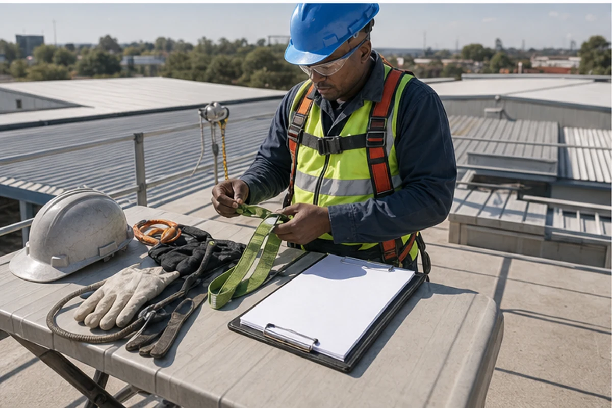 Worker checking harness and PPE before accessing a commercial roof edge