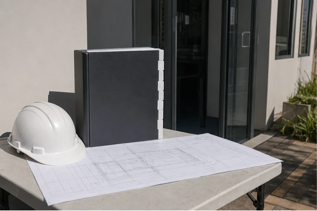 Safety file binder with hard hat and blank site plans on a work table