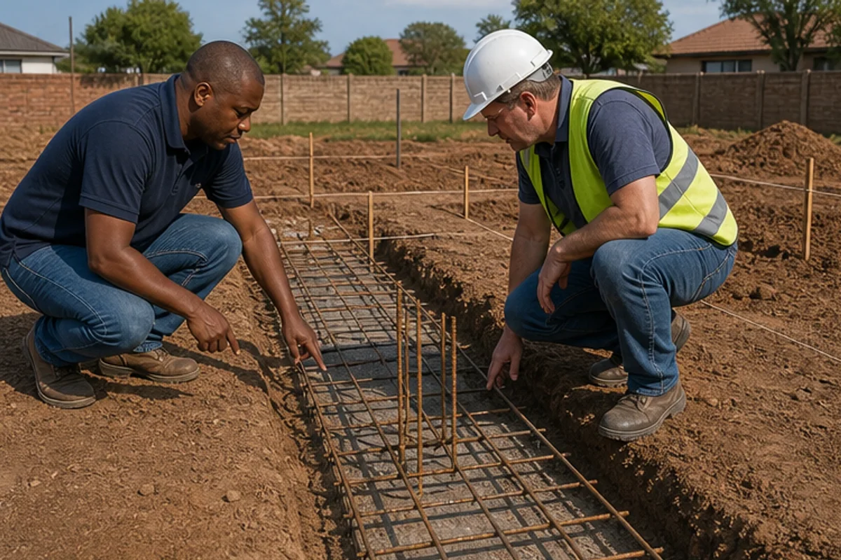 Engineer and contractor inspecting reinforcement in a foundation trench