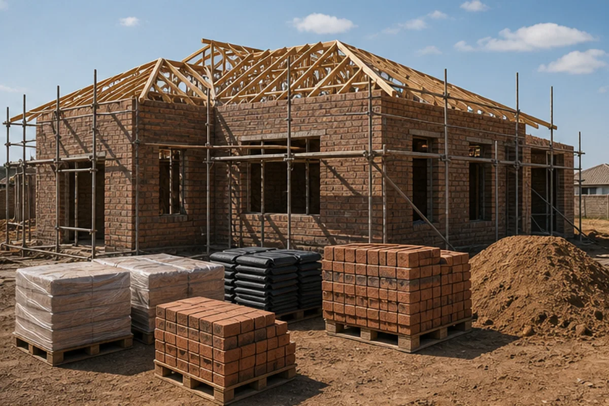 Partially built new home shell with roof trusses and stacked materials