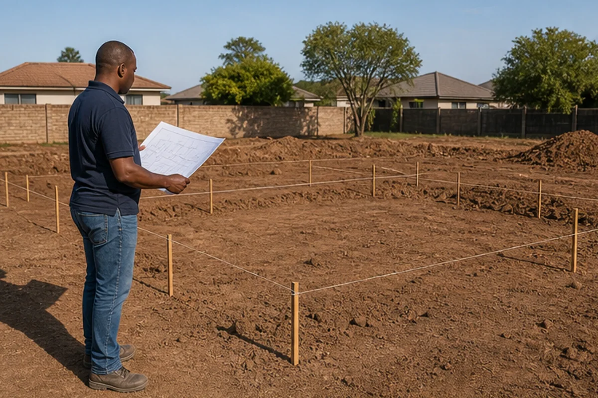 Builder checking a pegged house footprint on a cleared plot