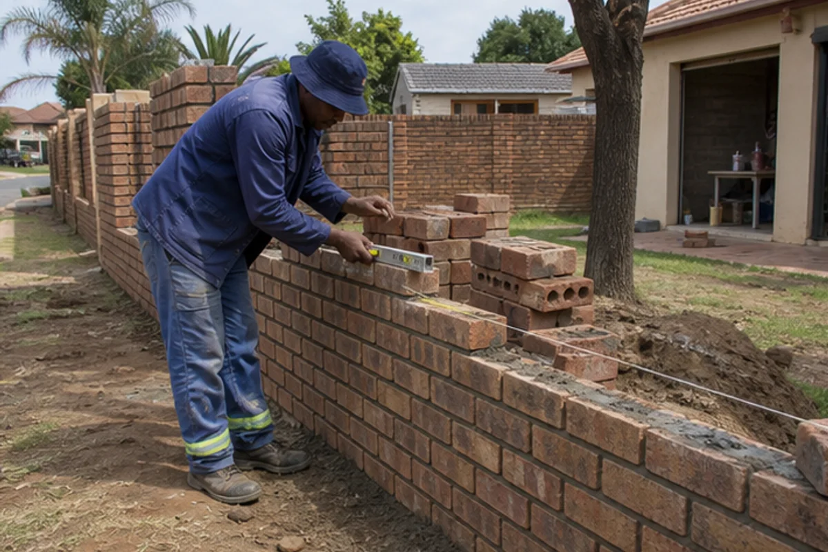 Face brick security wall being built with alignment string beside a yard