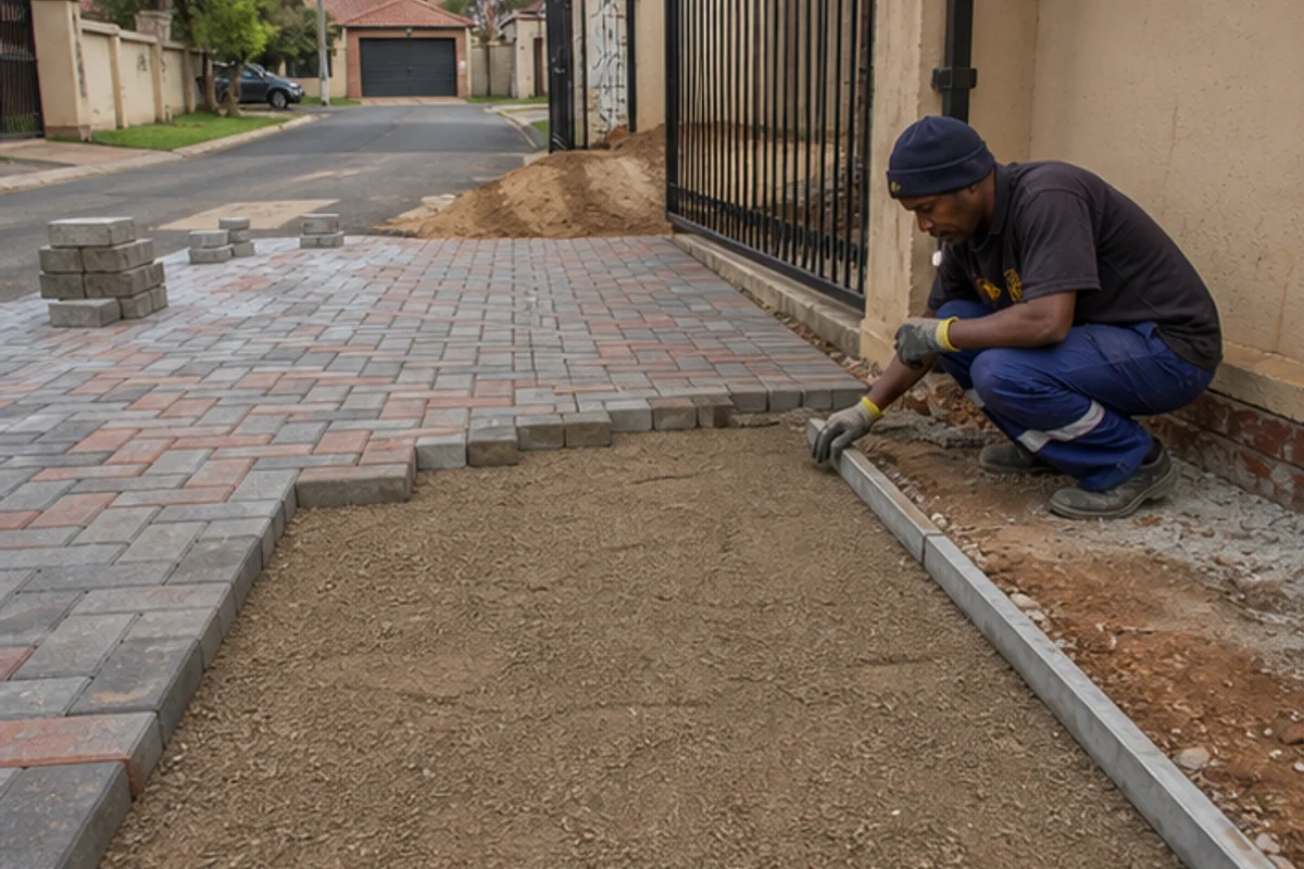 Interlocking driveway pavers laid beside a gate opening