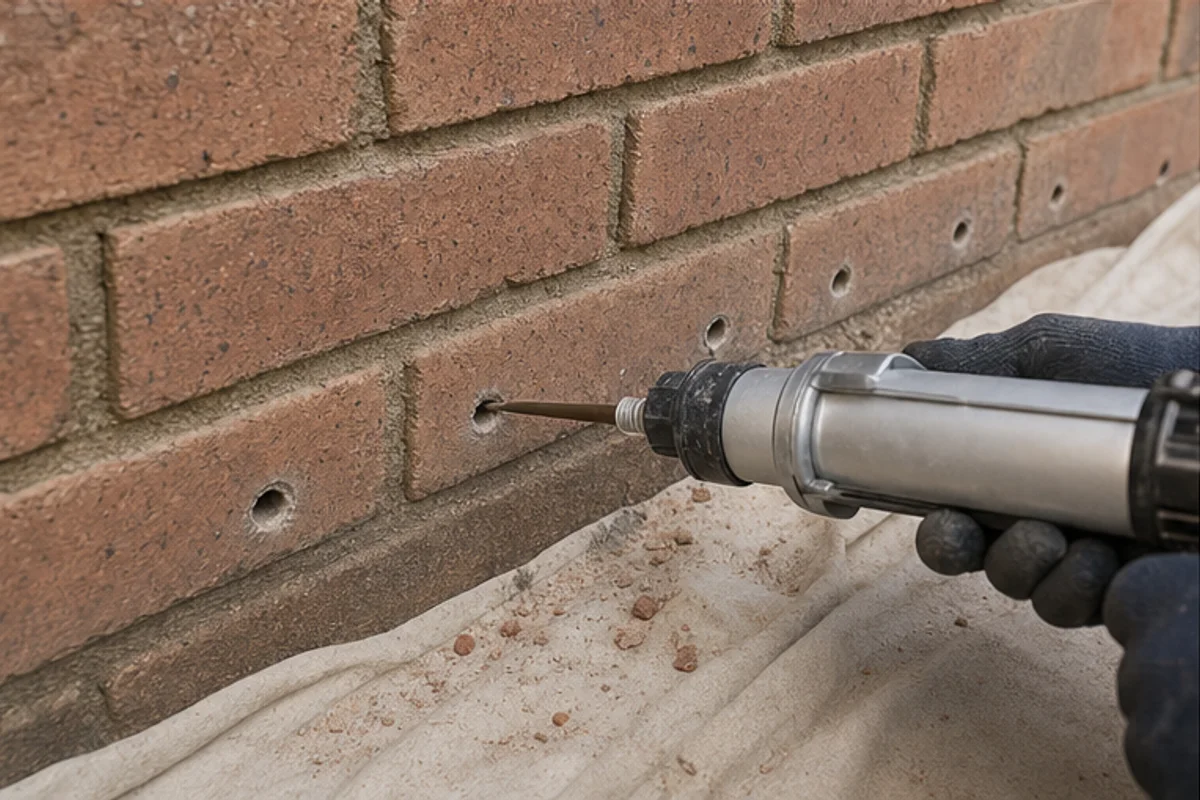 Damp-proofing treatment applied along the lower part of a wall