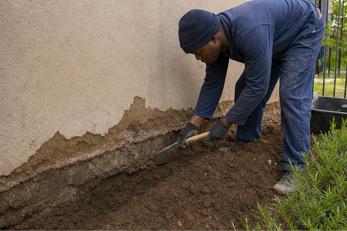 Salt-contaminated plaster being removed from a damp wall