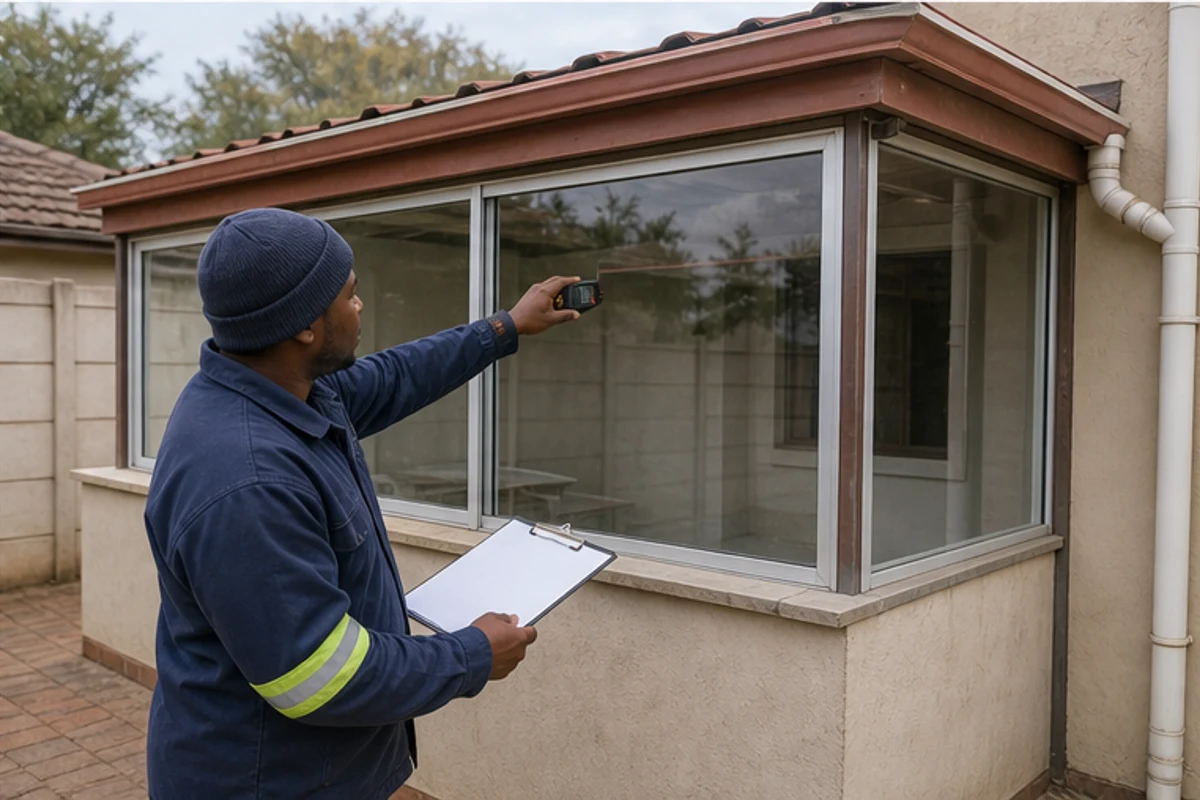 Contractor using a laser measure inside an enclosed patio