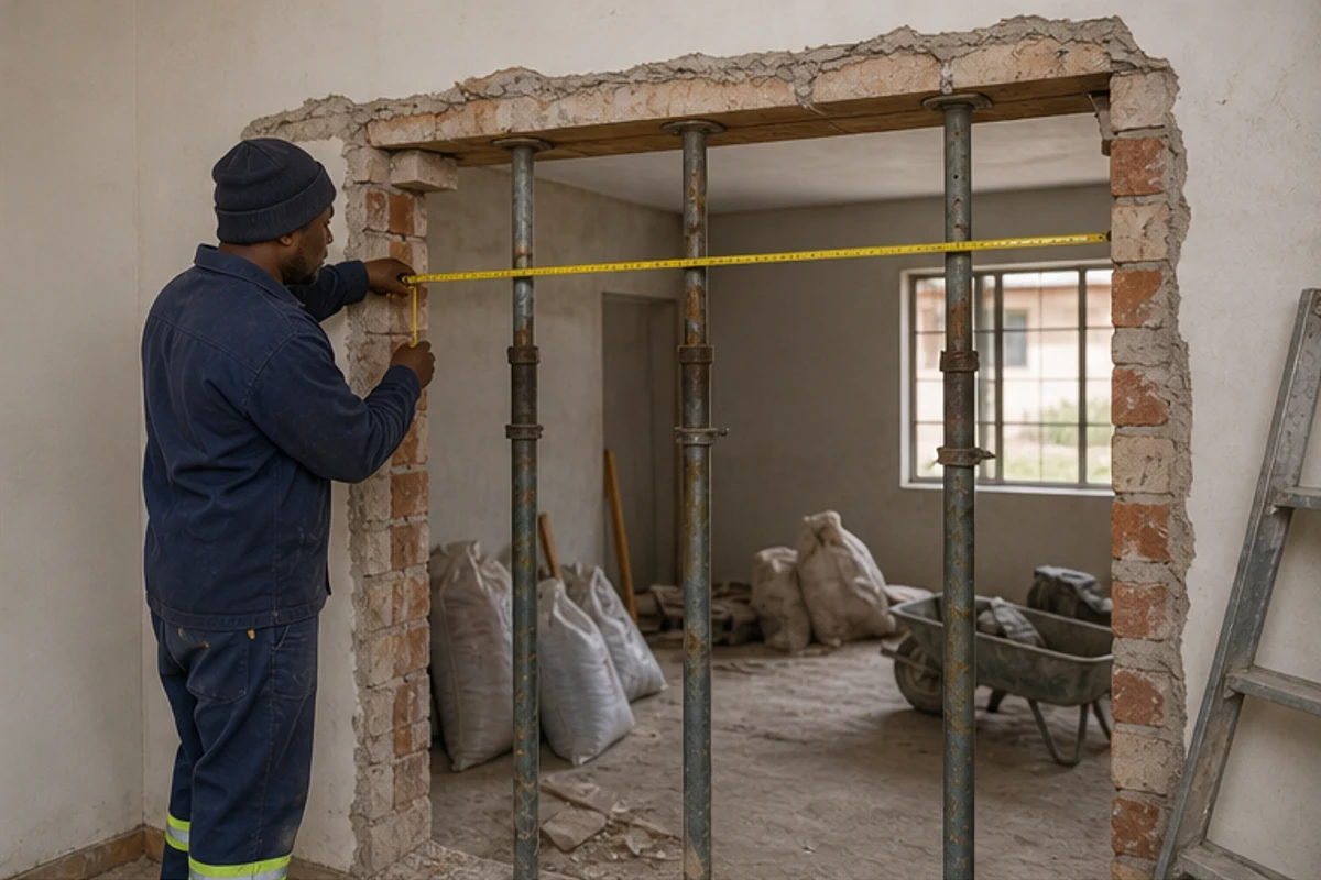Temporary props supporting a new opening in an interior brick wall