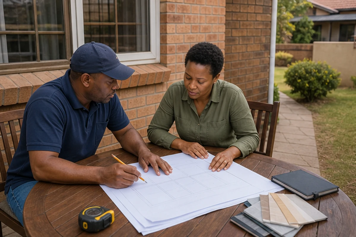 Homeowners reviewing renovation plans outside a brick house