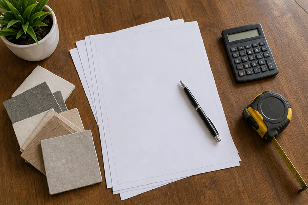 Blank domestic building contract pages with pen, calculator and tile samples
