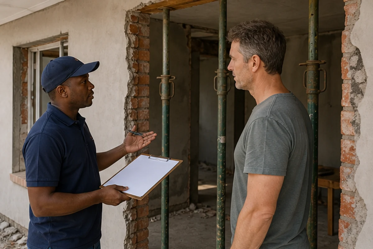 Homeowner and builder checking a propped doorway opening before construction