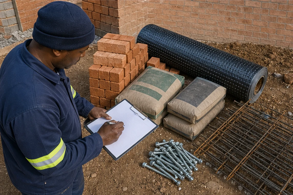 Bricks, cement bags and waterproofing membrane arranged for site specification review