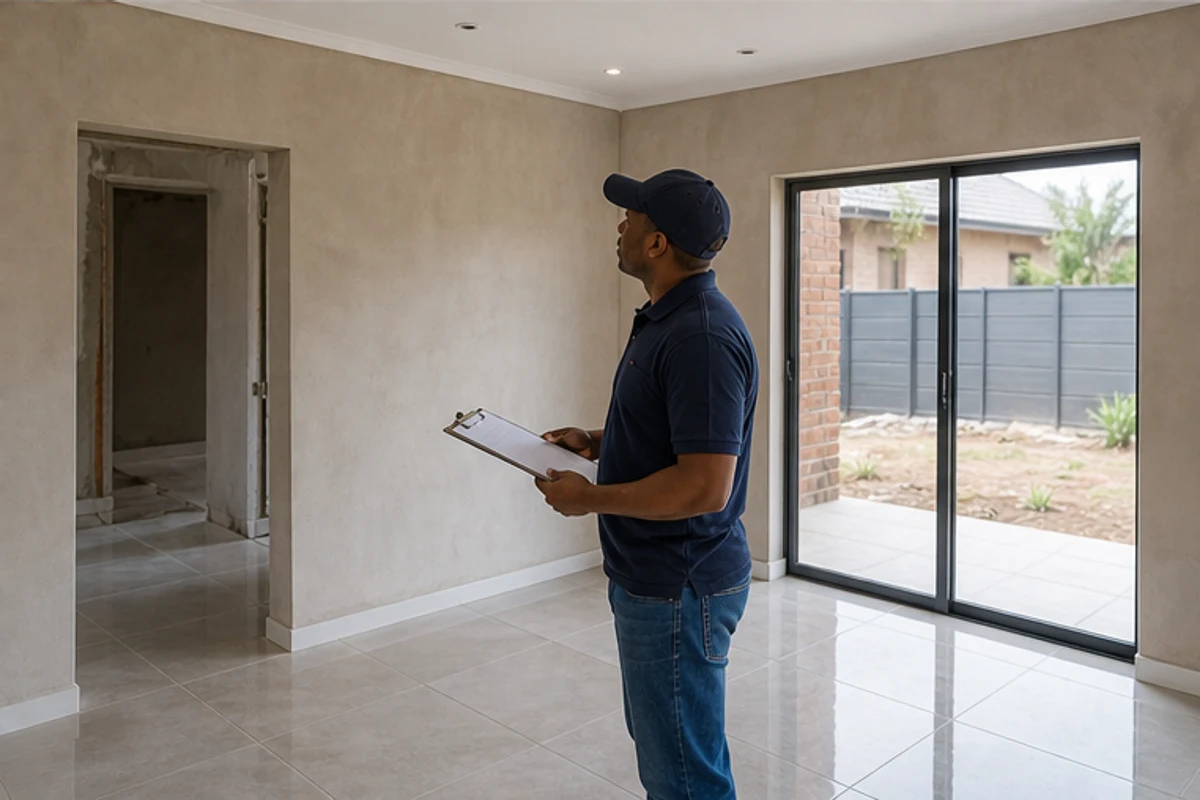 Contractor inspecting plaster and floor progress inside a partly finished room