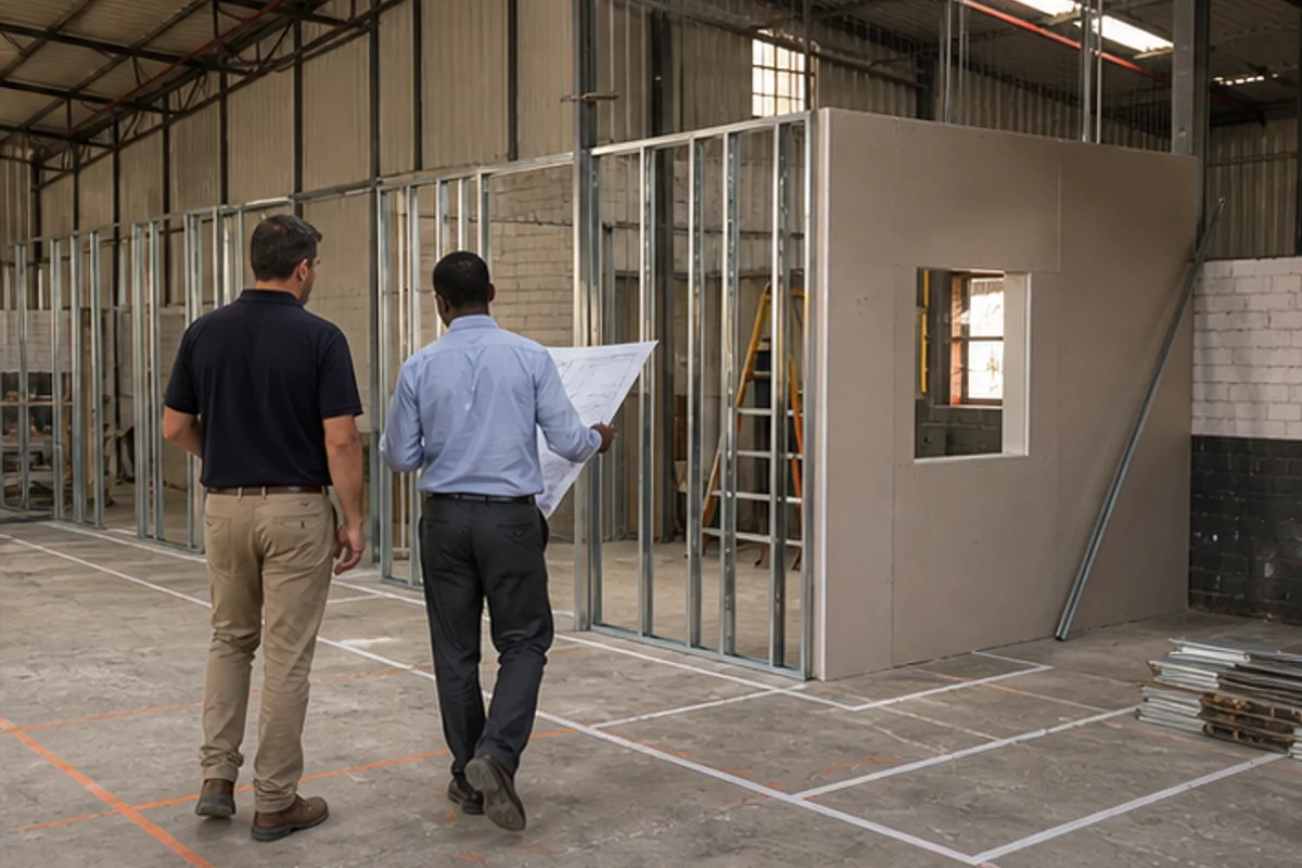 Warehouse office partition layout reviewed with metal studs in place