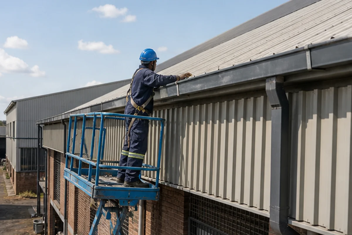 Warehouse roof sheeting and gutter edge repaired from safe access equipment