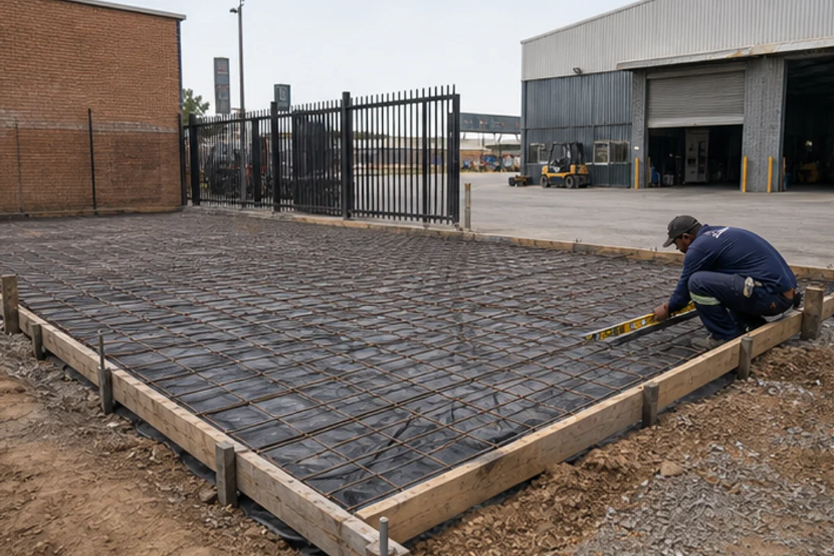 Warehouse yard slab prepared with formwork and reinforcement mesh