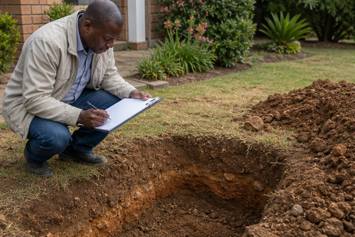 Engineer taking notes beside a shallow test pit with clay soil layers