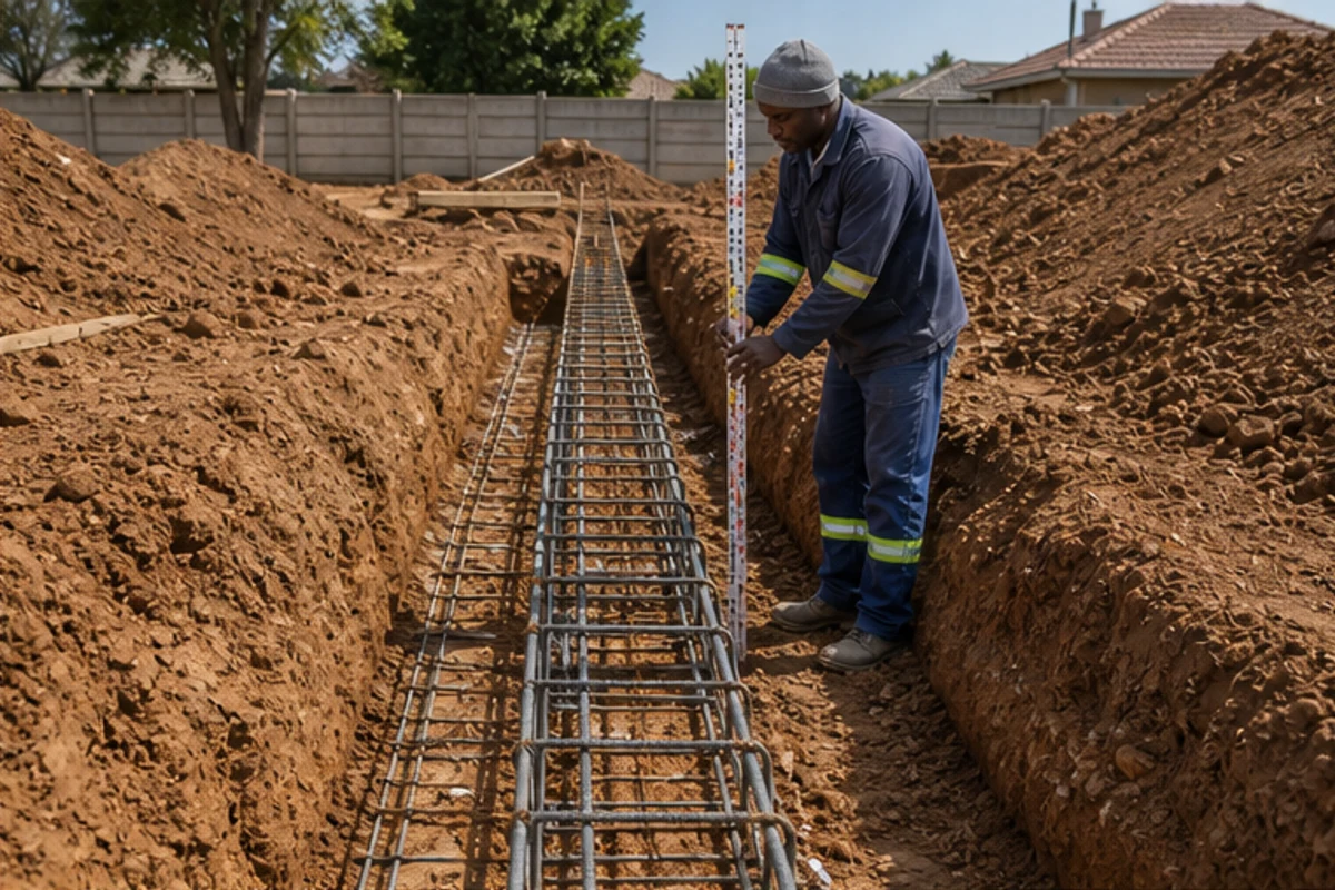 Worker checking reinforcement in a foundation trench cut through clay soil