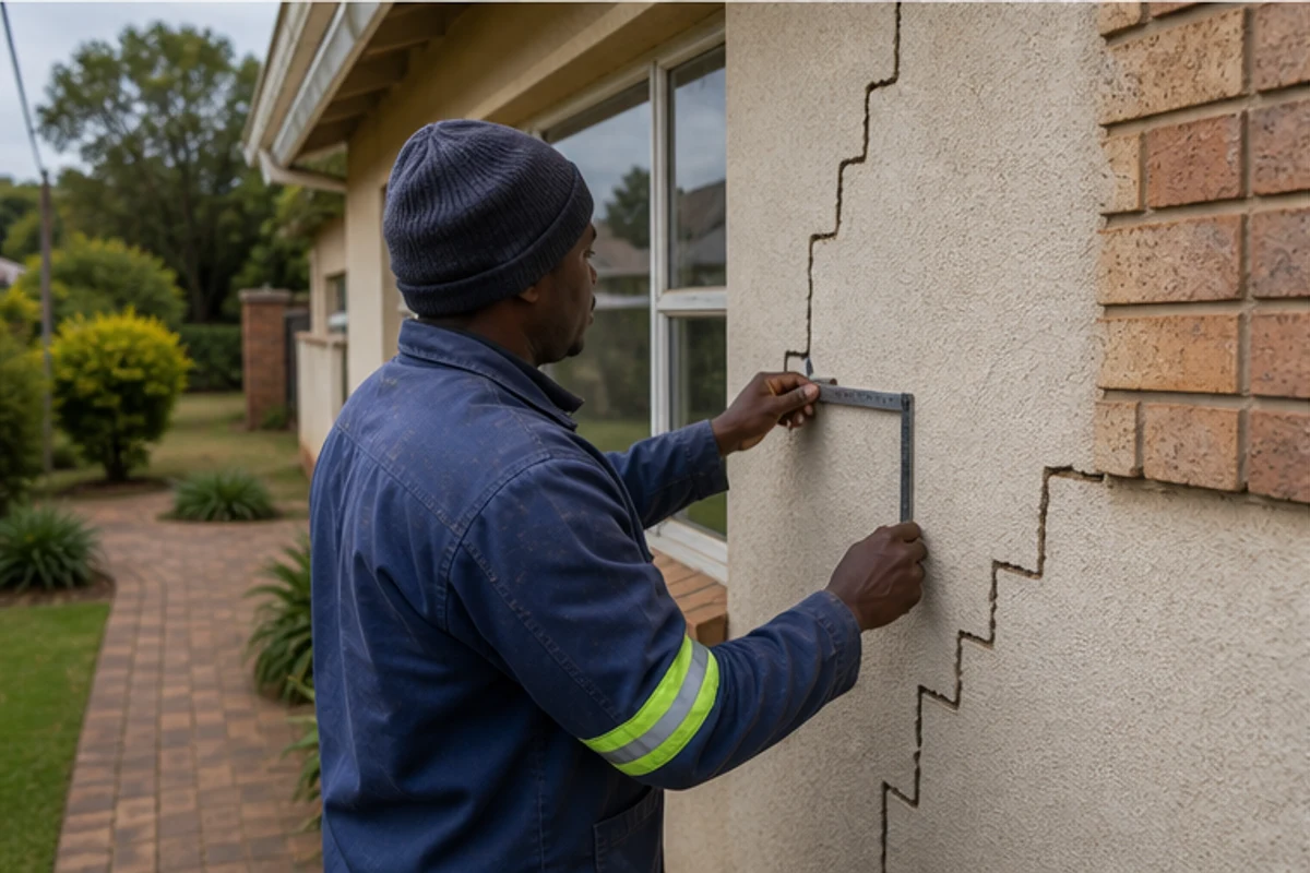 Contractor measuring a stepped exterior wall crack near a window