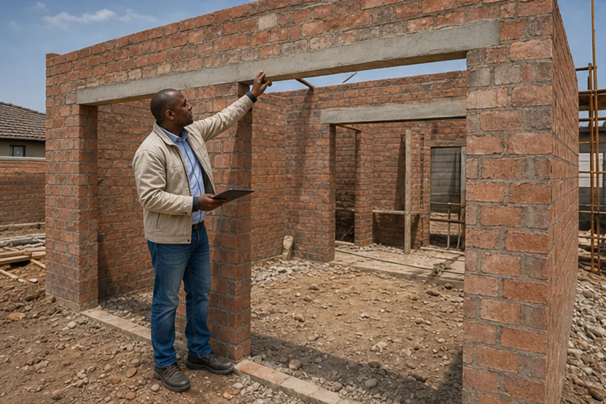 Inspector checking a lintel line on a partly built brick extension