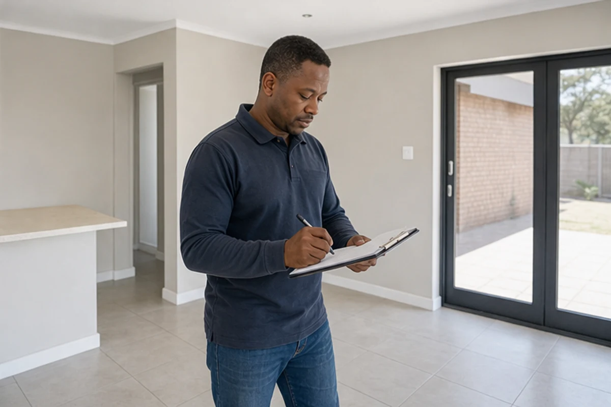 Contractor writing a snag checklist in a clean completed room