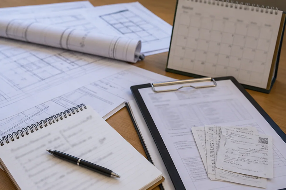 Building plans, receipts and a calendar arranged on an office desk