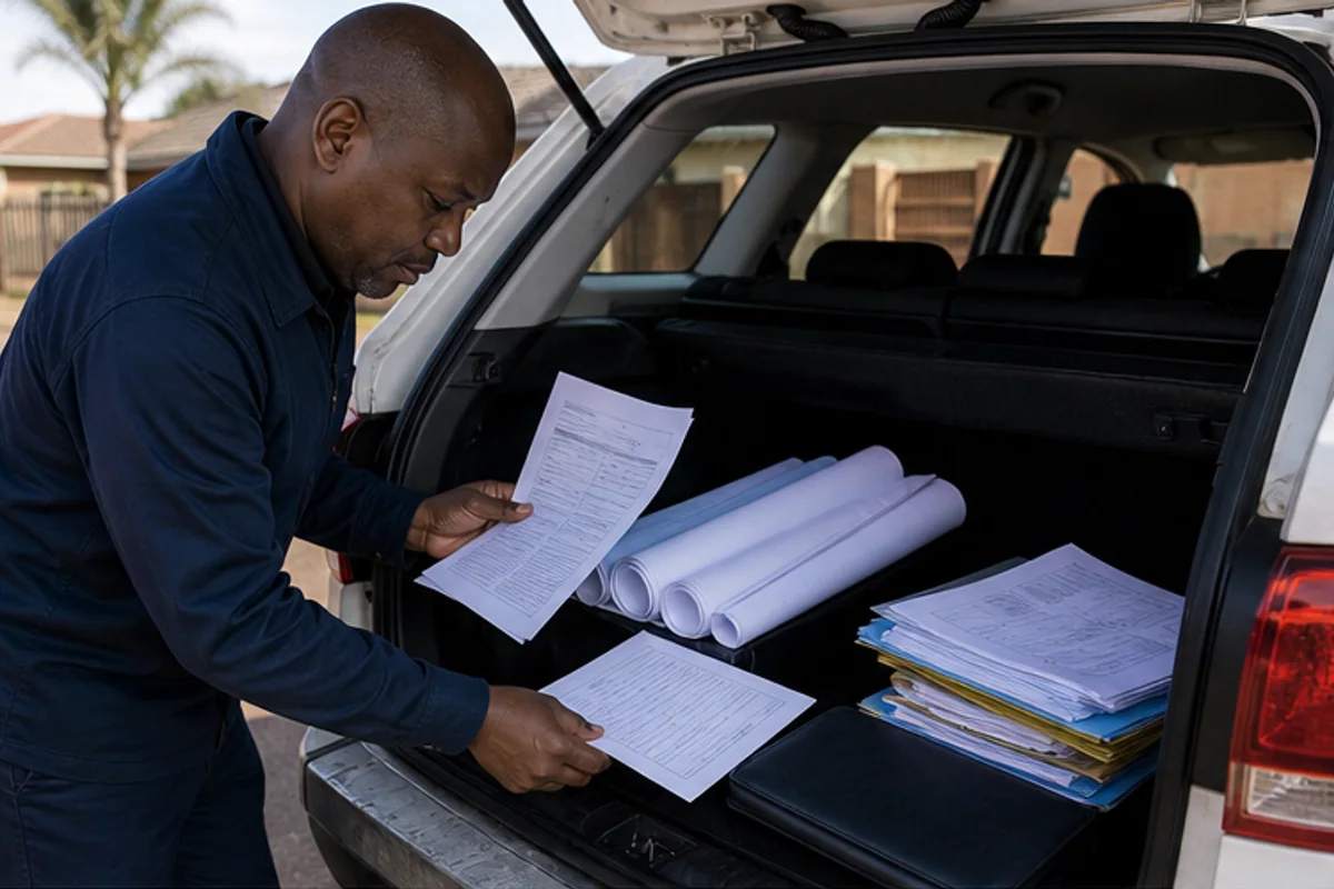 Plan runner organizing rolled drawings and submission paperwork in a car boot