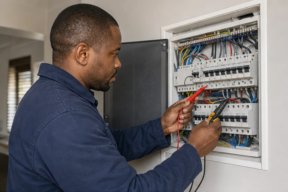 Electrician testing an open residential distribution board with a multimeter