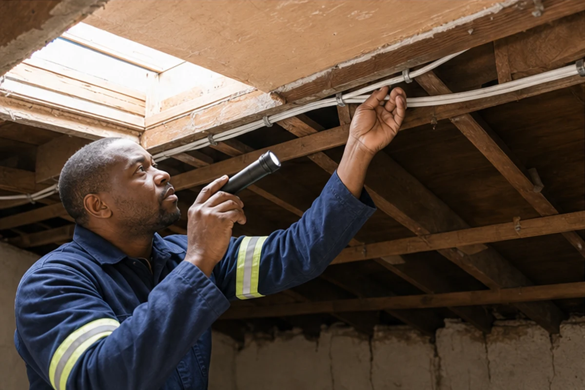 Electrician checking older wiring in a roof space with a torch