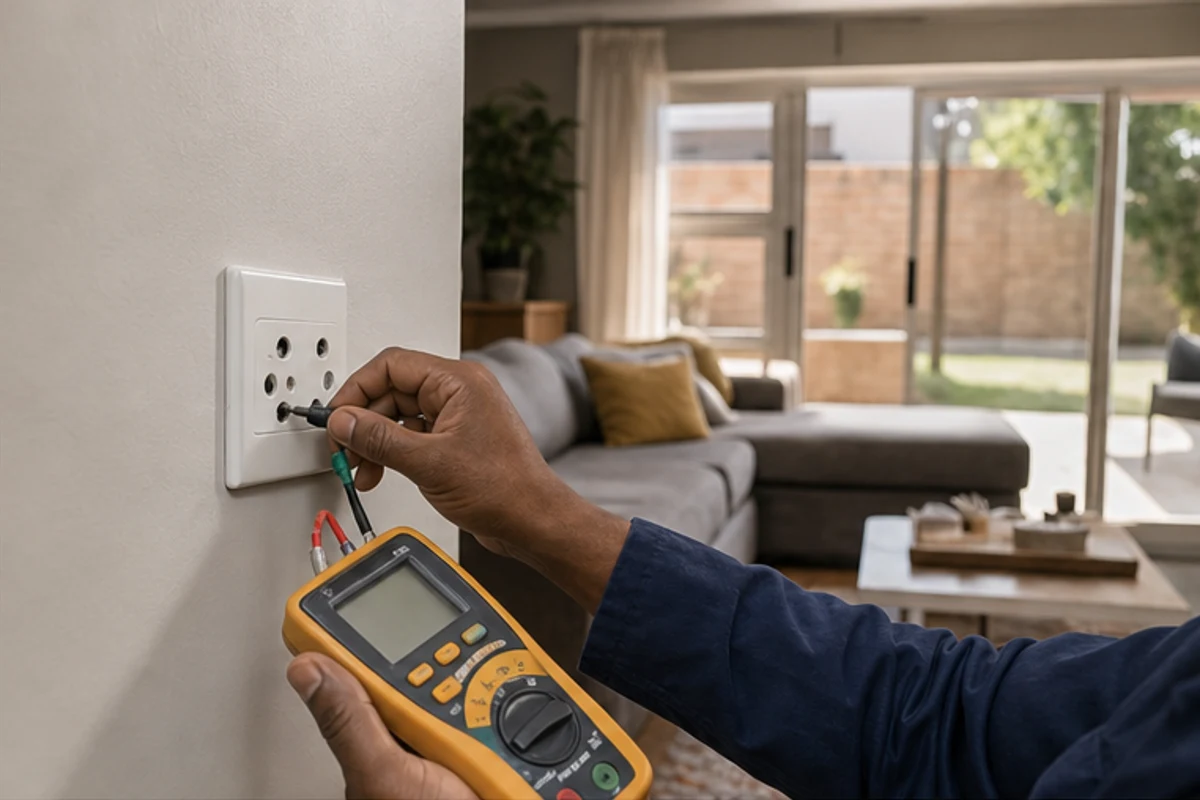 Electrician testing an outlet and earth connection in a living room