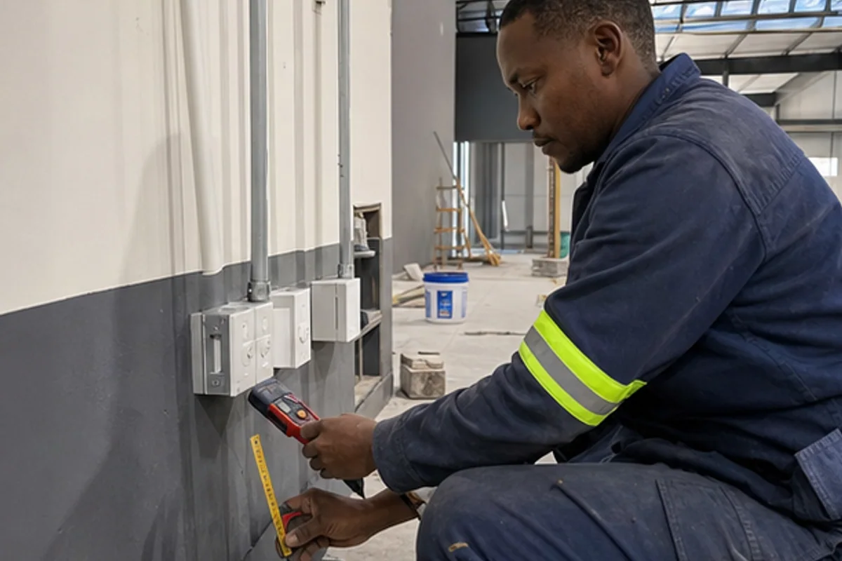Electrician testing outlet positions in a commercial workshop fit out