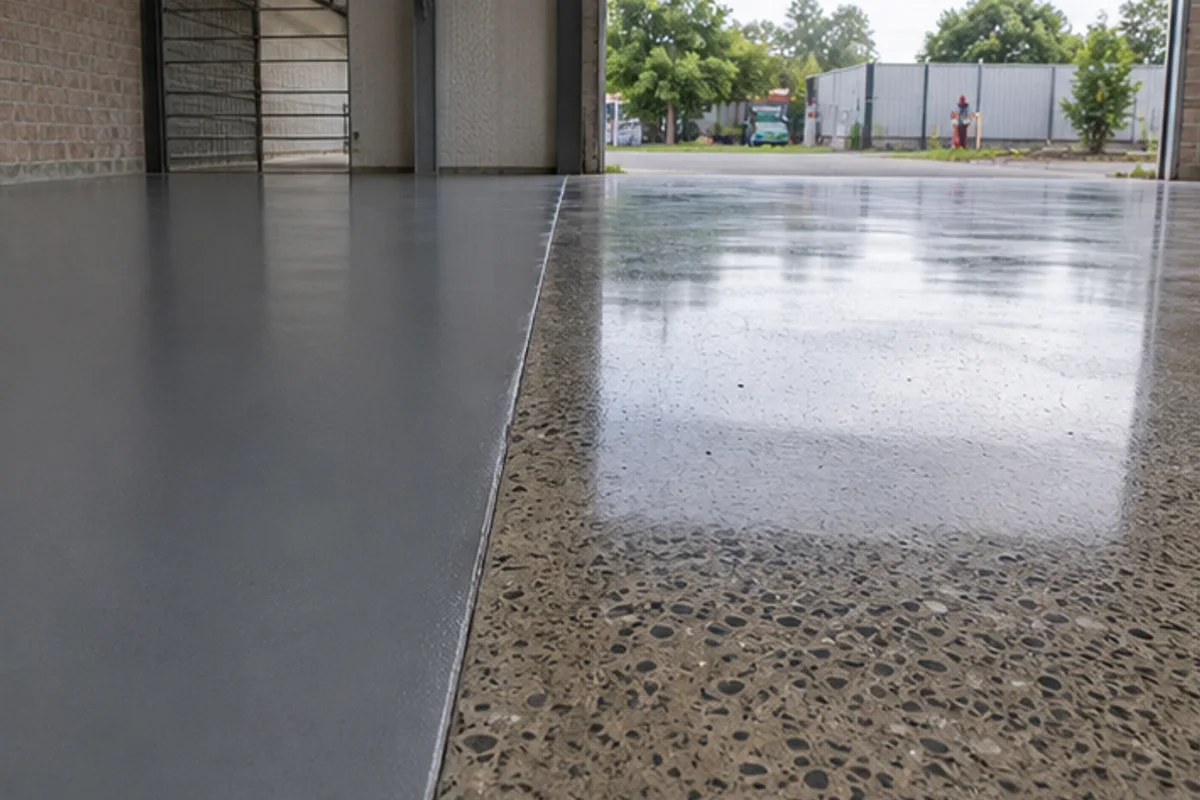 Finished epoxy floor bay beside a polished concrete floor bay