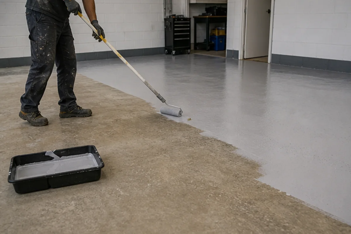 Epoxy primer rolled onto a prepared workshop floor