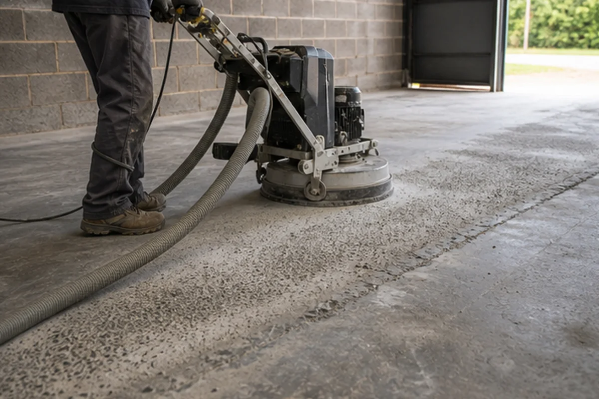 Old garage concrete floor diamond ground before coating