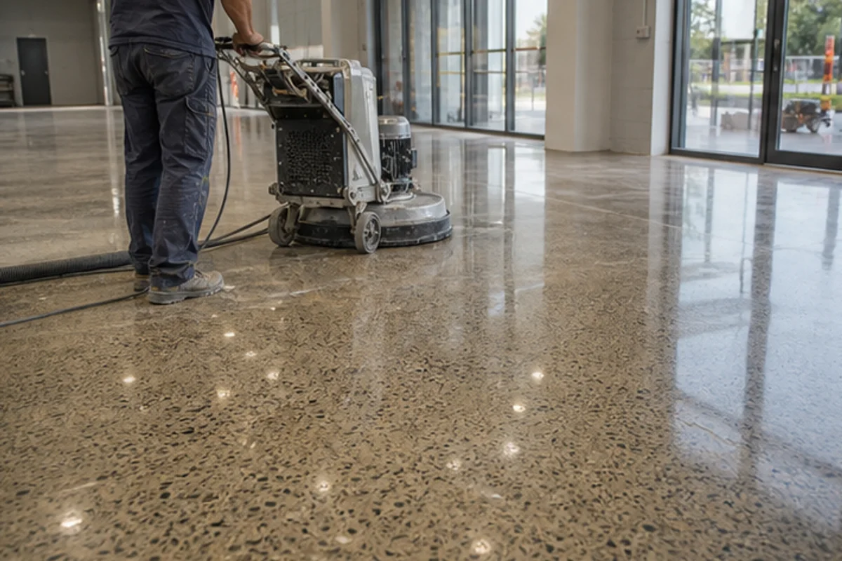 Polishing machine exposing aggregate on a concrete showroom slab